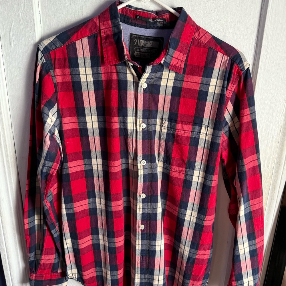 21Men Red and Blue Casual Button Down Shirt